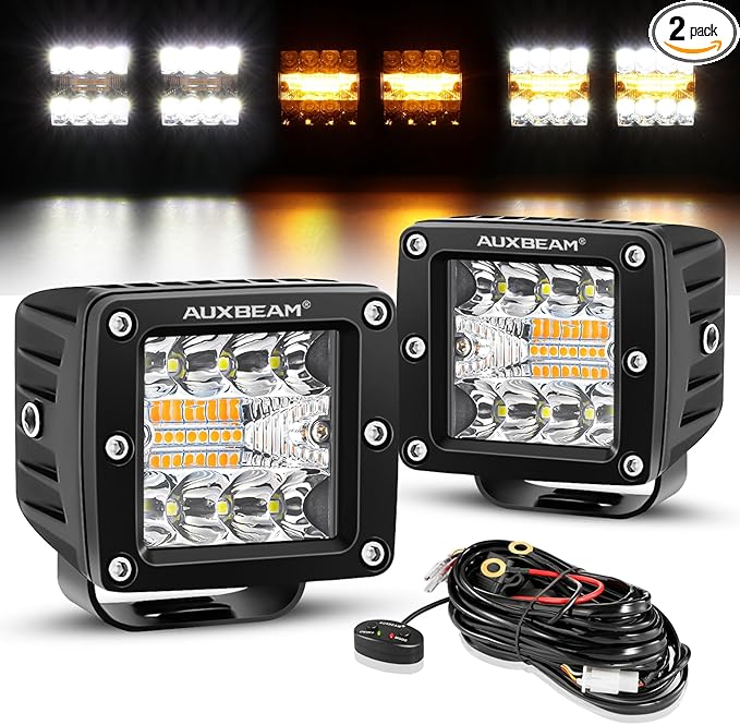 Auxbeam LED Pods 3 Inch 72W Amber Fog Light, 6 Modes Strobe Cube Pod Light Bar Dual Color Yellow Spot Flood Offroad Driving Lights Ditch Lights for Truck Car ATV UTV