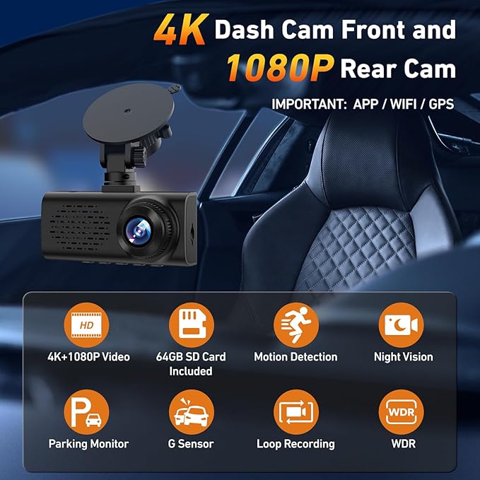 4K Dash Cam Front and Rear, 4K+1080P Dashcam, Dash Camera for Cars with 5GHz WiFi & App Control, GPS, 64GB Card, 24H Parking Monitor, Night Vision, G-Sensor, Loop Recording Dual Car Camera