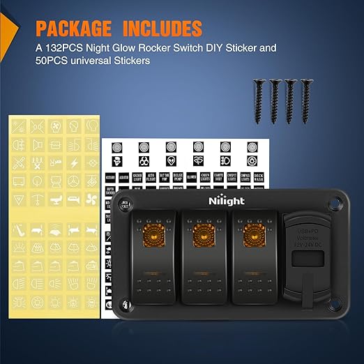 Nilight 3 Gang Rocker Switch Panel with PD Type C and USB Charger Voltmeter 12V SPST ON Off Toggle Switches with Orange Backlit Waterproof Aluminum for Boats Cars RVs Trucks