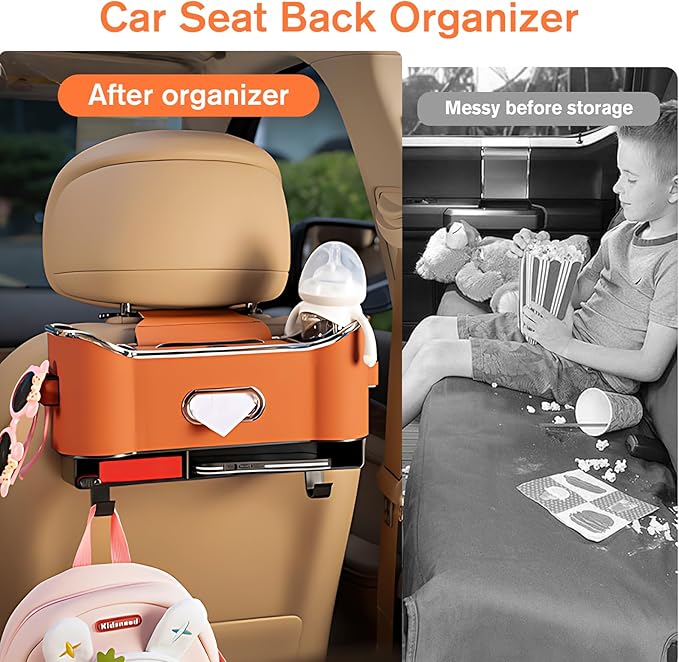 Multifunctional Car Seat Back Storage Box, Universal Car Seat Organizer, Car Seat Tissue Box and Organizer, Car Seat Paper Towel Organizer， Car Organizer with 2 Drink Cup Holders (Brown)