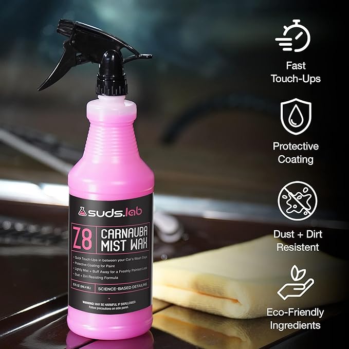 Suds Lab Z8 Carnauba Mist Wax – High Gloss Shine & UV Protection – Fast Water Beading Spray for Paint, Glass, & Clear Coat – Quick, Easy Application – 32oz