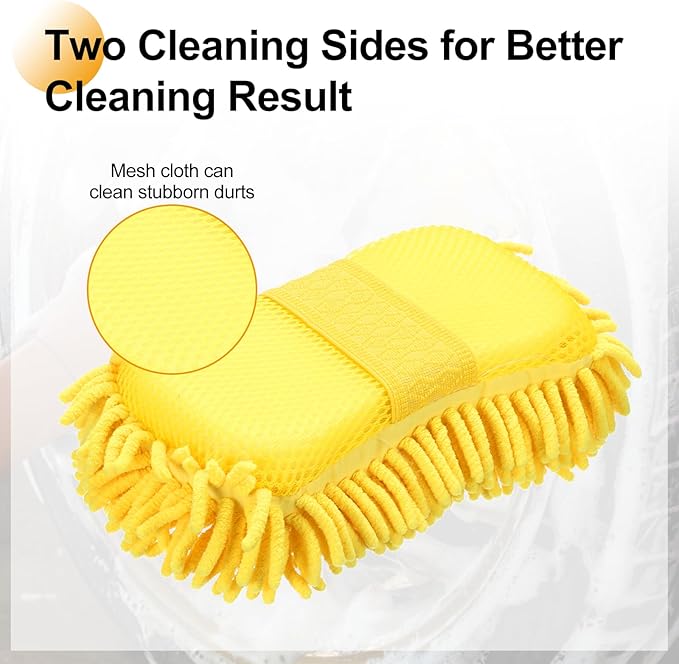 HARFINGTON Car Wash Sponge 9.1" x 4.7" Chenille Microfiber Mitt Scratch-Free Absorbent Scour Scrubber Cleaning Sponge for Washing Detailing on Cars, Trucks, SUV, Boats, RVs, Yellow
