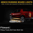Truck LED Running Board Lights Amber Side Marker Kit, White Courtesy Lights Extended Crew Cab 2pc 48Inch 144 Led Bar Bed Light Switchback Underglow Strip for Pickup Trucks SUV Car Work (48Inch Board)