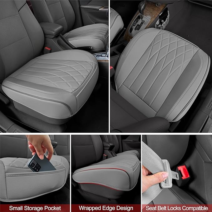 BEITK 2 Pack Leather Front Car Seat Cover Bottom Car Seat, Universal Anti-Slip Driver Car Seat Protectors with Storage Pocket, Waterproof Bottom Auto Seat Cushion Pad Mat for Most Vehicles(Gray)