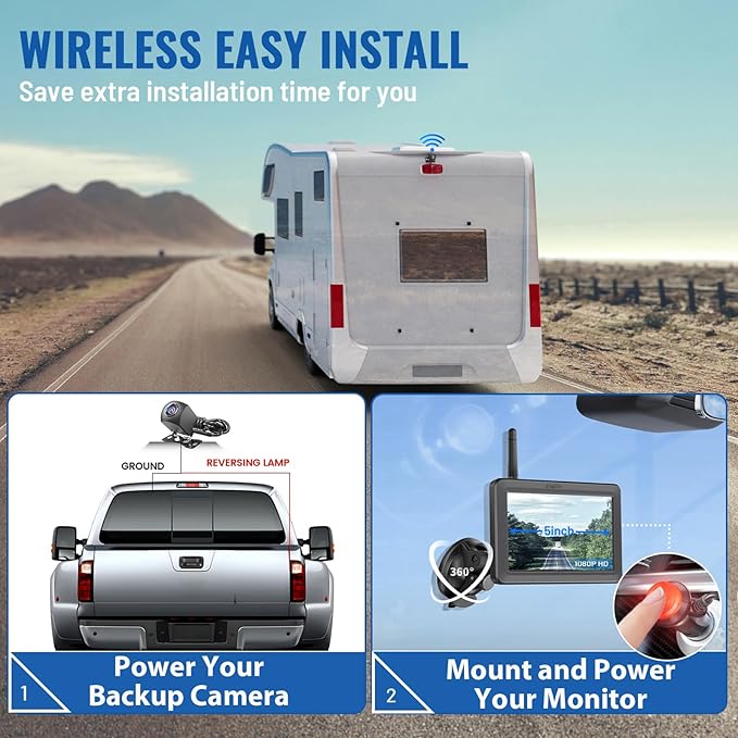 EWAY Wireless Backup Camera HD 1080P 5" Monitor Kit, Stable Digital Signal for Truck Trailer Front Rear Side View Back Up Camera Easy Setup Vehicle Reverse Wifi Camera for Car Van SUV Pickup RV Camper