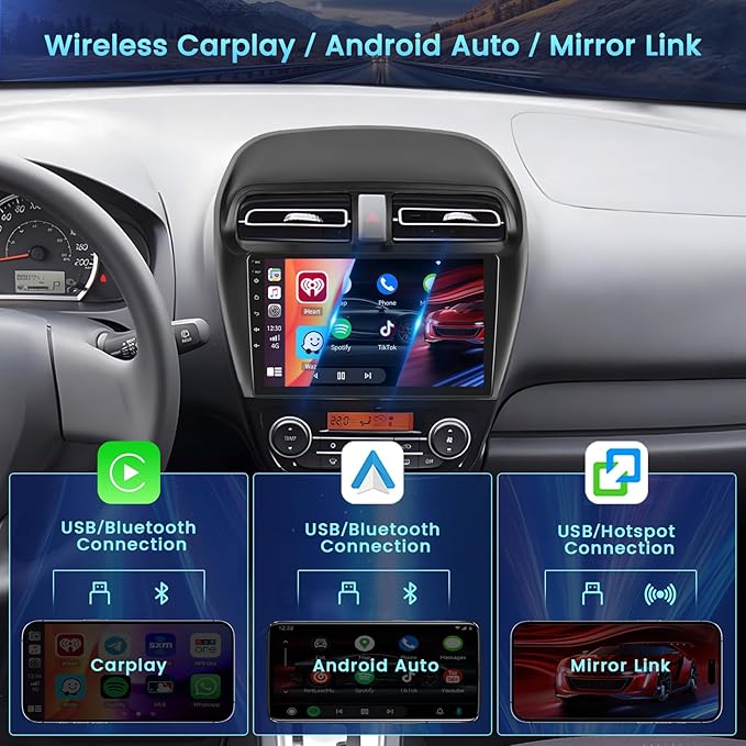 2+64GB Android 15 Car Radio for Mitsubishi Mirage 2012-2022 Wireless Carplay Android Auto, 9" Touch Screen Car Stereo GPS Navi, WiFi, Bluetooth, Backup Camera, FM RDS Radio, EQ DSP, SWC