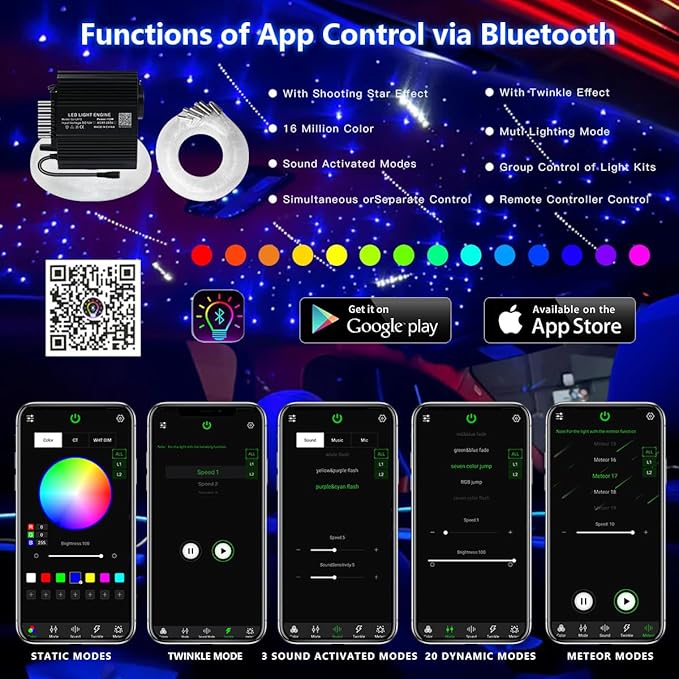 AKEPO 12W Twinkle+Meteor 2-in-1 Fiber Optic Lights, 600pcs*0.03in*13.1ft+240pcs Shooting Star Starlight Headliner Kit Car Home APP Control Sound Activated Fiber Optic Star Ceiling Kit