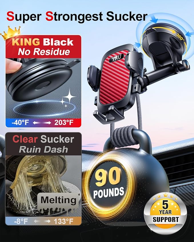 YRU True Military-Grade [360° Rotation Suction] 2026 Ultimate Car Phone Holder Mount 【90+LBS Safest Strongest & Patent Certs】 Dashboard Windshield Vent for iPhone 17 16 Pro Max Samsung, Red