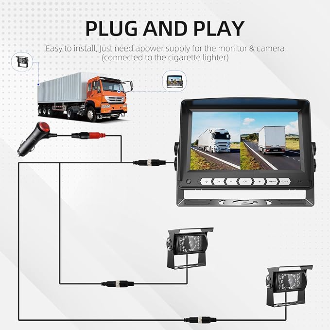 7'' Wired Backup Camera System with DVR Recording, 1080P HD Monitor & IP69 Waterproof RV Rear View Camera, Loop Recording, Split Screen, 12V-24V