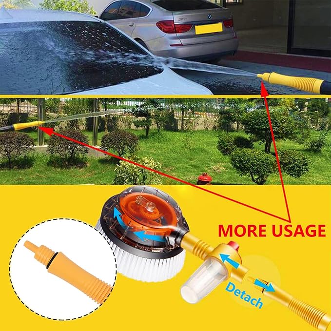 Automatic Rotating Car Wash Brush with Soap Dispenser, Soft Chenille Car Washing Brush Spin Mop Garden Hose Brush Foam Spray Gun Exterior Car Cleaning Brush Kit (Detachable Long Handle)