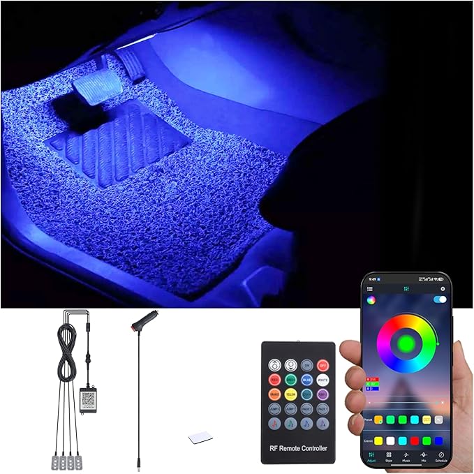 RGB Car Footwell Ambient Lighting Kit 16.7 Millions Colors Sound Active Music Sync APP Control + RF Remote Controller Cigarette Lighter Car Interior Multicolored Footwell Atmosphere Light 12V
