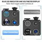 12V USB Outlet Socket Panel: (4 in 1) 58W Dual PD3.0 USB C 12V USB Charger 150W Marine Cigarette Lighter Socket 12v Splitter with Voltmeter Digital Display and Waterproof Rocker Toggle Switch 15A Fuse