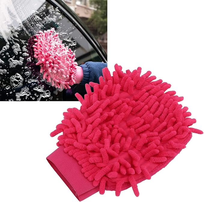 Microfiber Washing Glove, Pink Chenille Car Wash Mitt Scratch Free for Furniture for Motorcycle