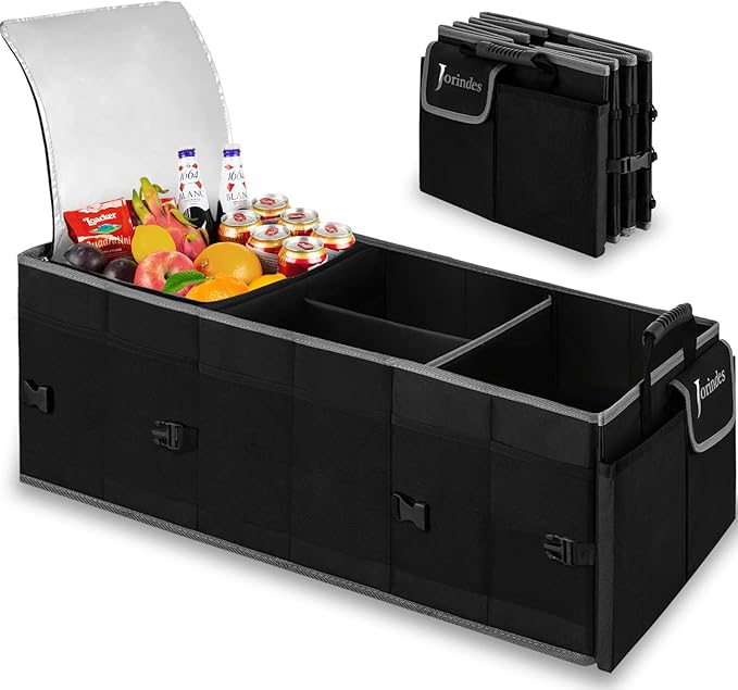 Trunk Organizer With Built-In Insulated Leak Proof Cooler Bag,Collapsible Cargo Organizer For Suv With Non Slip Bottom Strips,3 Large Compartments Foldable Waterproof Portable Car Storage Box