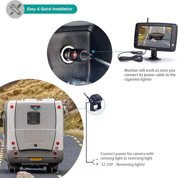 Wireless Backup Camera System with 7 inch Splitscreen, Waterproof Wireless Rear View Camera with Night Vision, Support add 2nd Wireless Reversing Camera for Trailer, RV, Trucks, Horse-Trailer, etc