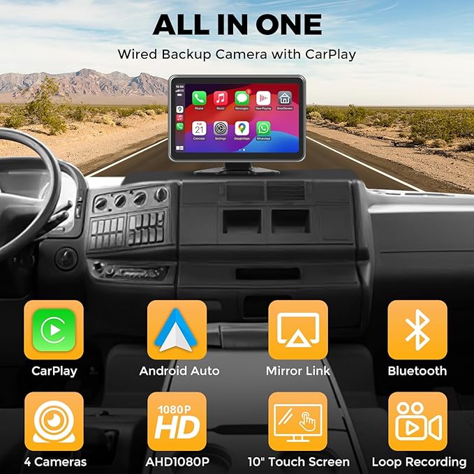 4 Channel Backup Camera Dash Cam System for Trucks, RVs, Trailers, Carplay & Android Auto, 10'' Touch Screen Monitor & DVR Recording, 4 HD1080P Wired Rearview Reverse Cameras IP68-rated..