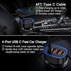 60W Type C Super Fast Samsung Car Charger for Galaxy S26/S25 Ultra/A17/Z Flip7/Fold7/A56/A16 iPhone 17 16e 16 Pro Max Pixel 10A, 4-Port USB C & USB A Car Phone Charger Adapter+4FT Type C Coiled Cable
