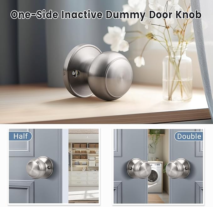 KNOBWELL 2 Pack Brushed Nickel Dummy Door Knob, Single Sided Handle for Closets, French Double Doors, and Pantry, Satin Nickel One Side Non-Turning Interior Push/Pull Door Knob
