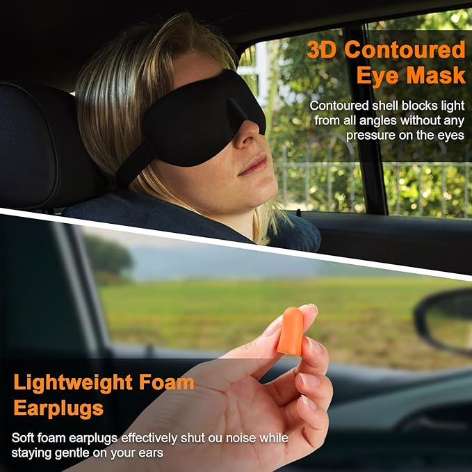 Travel Pillow - Hooded Neck Pillow Airplane Memory Foam Filling for Plane, Office, Cars Sleeping, Road Trip, Long Flights, Airplane Travel Essentials, Includes Eye Mask & Earplugs (Dark Gray)