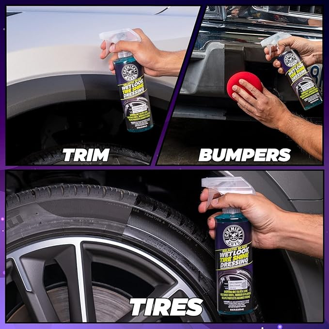 Chemical Guys Galactic Black Wet Look Tire Shine Dressing, 16 fl oz + Wonder Wave Durafoam Contoured Large Tire Dressing Applicator Pad, Pack of 2 - HOL457