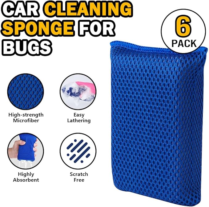 AIDEA Car Wash Sponge, Microfiber Large Bug and Tar Remover for Cars, Non Scratch Reusable Mesh Car Wash Sponges, 6PK, Blue, 5.71 * 3.54 * 1.89 inch