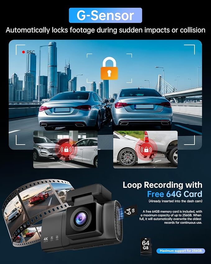 Dash Cam Front and Rear Inside - 3 Channel Dash Cam (4K+1080P+1080P) Built-in 5GHz WiFi APP & 64GB Card - Dashcam with IR Night Vision - Dash Camera for Cars Parking Mode G-Sensor Loop Recording(X7)