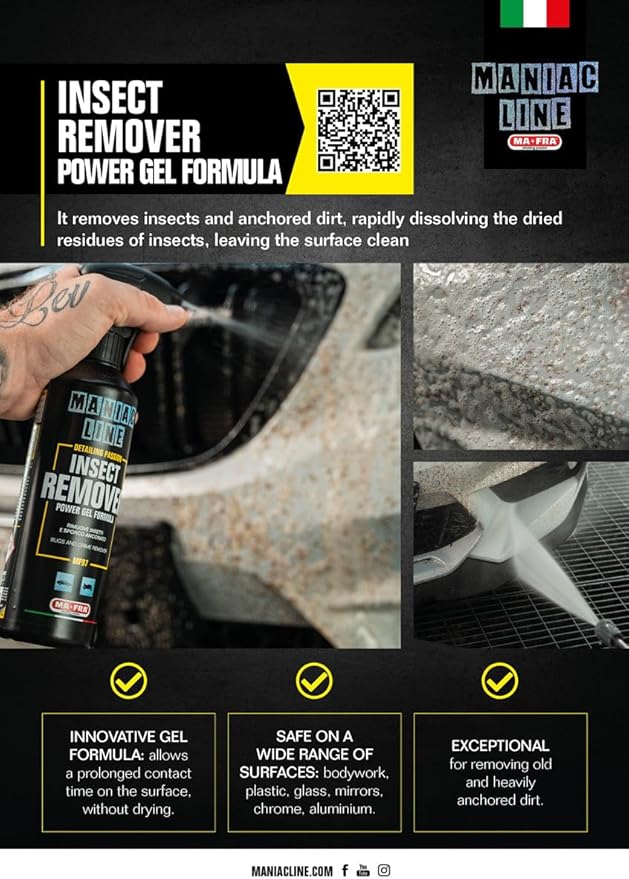 MANIAC LINE MAFRA Insect Remover | Fast Bug and Sap Dissolver | Safe on Paint Glass and Plastics | Pre Wash Pretreatment for Less Scrubbing | For Grilles Mirrors and Windscreens | 500 Milliliters