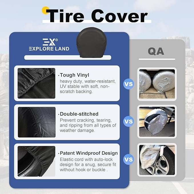 Explore Land Tire Covers 4 Pack - Tough Wheel Protector for Truck, SUV, Trailer, Camper, RV Universal Fits Tire Diameters 26-28.75 inches, Black
