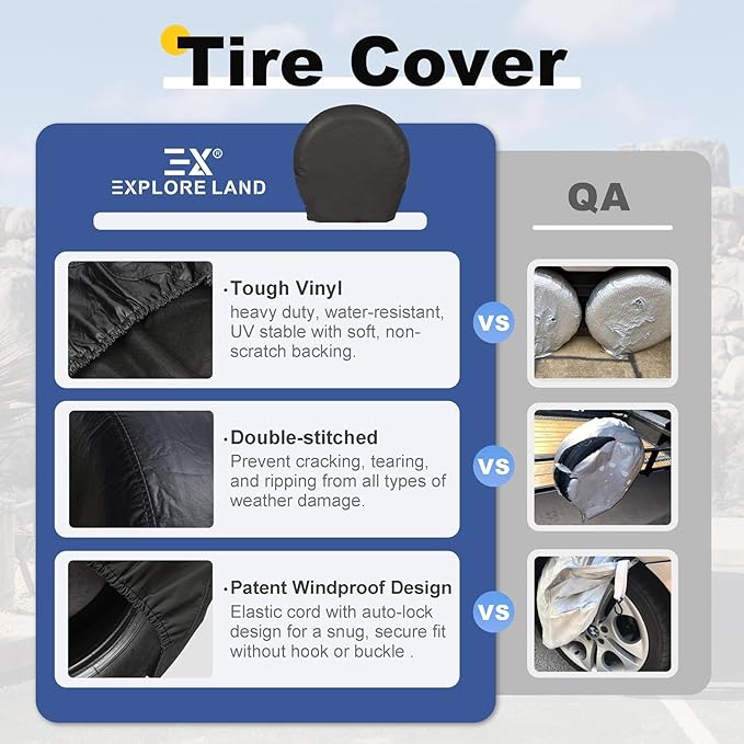 Explore Land Tire Covers 4 Pack - Tough Wheel Protector for Truck, SUV, Trailer, Camper, RV Universal Fits Tire Diameters 23-25.75 inches, Black