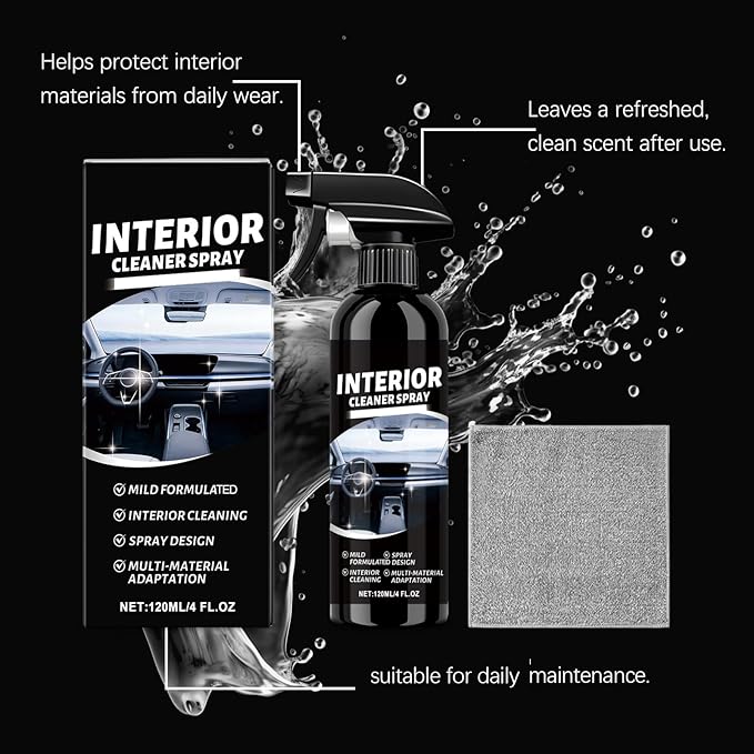Multipurpose Interior Car Cleaner, Car Cleaning Kit, Upholstery Cleaner for Leather, Vinyl, Dashboard, Removes Dirt, Grease and Stains, Restores Gloss, Refreshed Scent (1Pcs)