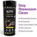 Wipex Auto Interior Car Cleaning Wipes - Plant Based Car Wipes - Lavender Essence, Safe for Vinyl, Rubber, Plastic, Leather, Chrome, Non-Greasy Matte Finish, UV Protectant, 40Ct Car Detailing Supplies
