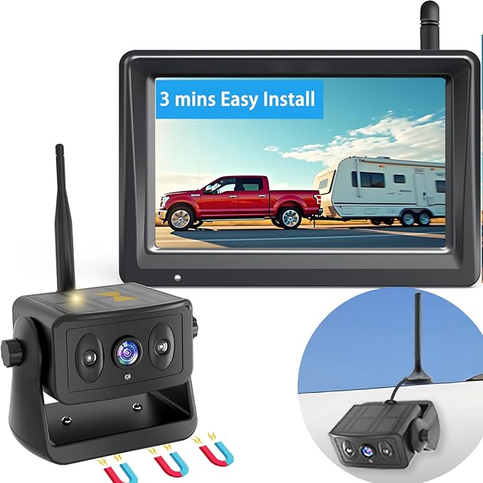 YEOIZO Wireless Backup Camera for Trucks, Solar Magnetic, Portable, No - Drill, No - Wire, 3 Min Easy Install, Night Vision, Rechargeable with 5" HD Monitor Systems for Car, Small RV, Camper, Trailer