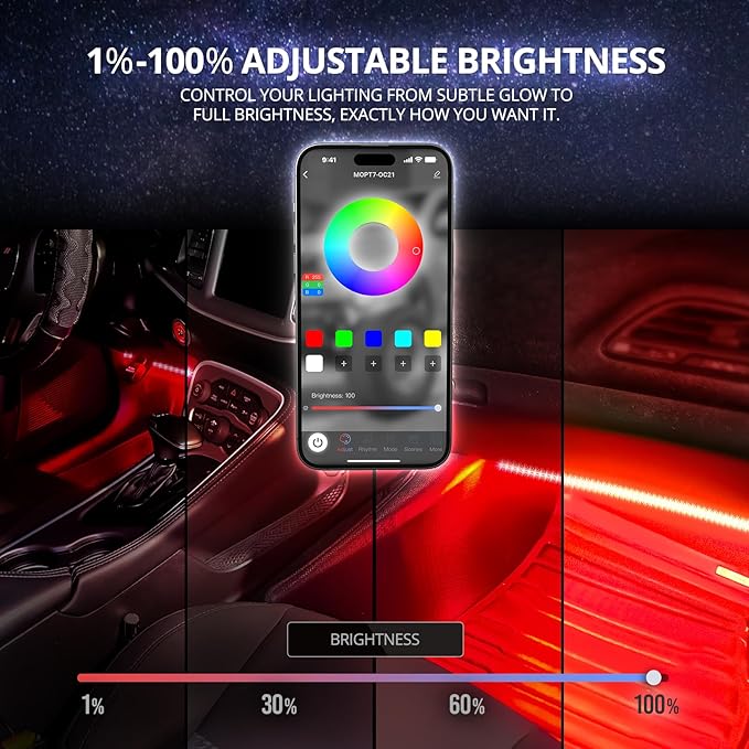 OPT7 Aura DreamColor RGB-IC LED Car Interior Light Strips, 4PC Neon Ambient Lighting Kit with APP & Remote, 12V Music Color Chasing Lights for SUV Truck Van, Under Dash Decor