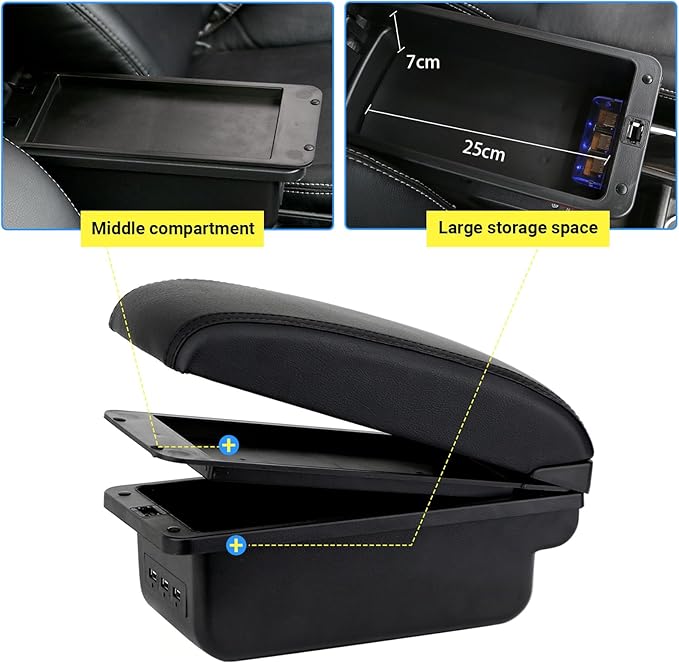 AULPHIKE Compatible with Nissan Versa Armrest 2020-2024 Car Center Console Organizer Armrests Double Layer Storage with 3 USB（Black）