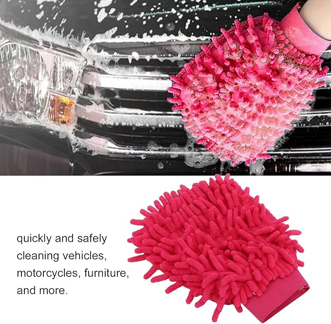 Microfiber Washing Glove, Pink Chenille Car Wash Mitt Scratch Free for Furniture for Motorcycle