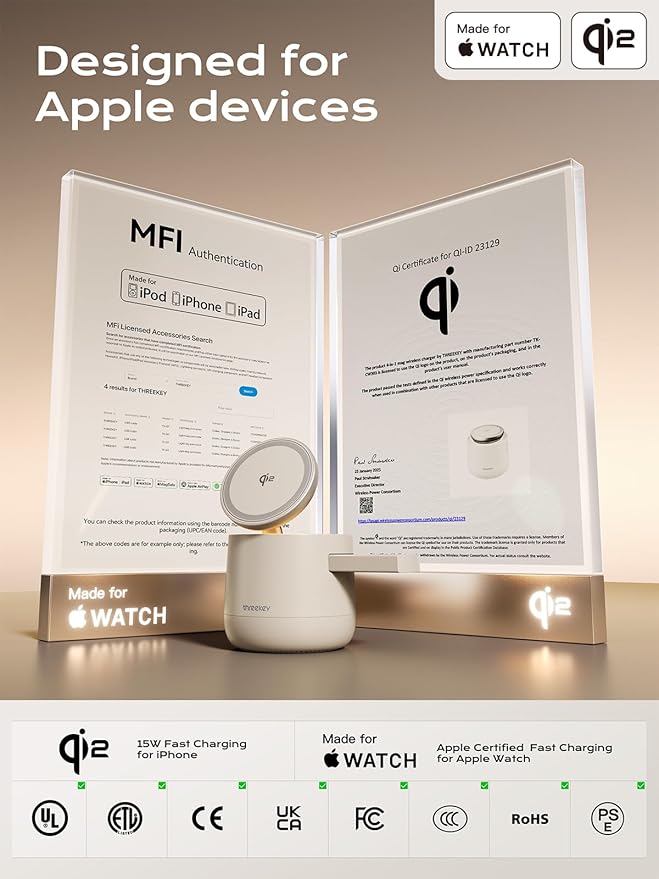 MFI Certified by Apple, 4 in 1 Magsafe Wireless Charging Station, Qi2 15W Magsafe Charger for iPhone 17/16/15/14/13/12 Series, iWatch, Airpods, iPad, 65W Charger Included (Sand, 4 in 1)