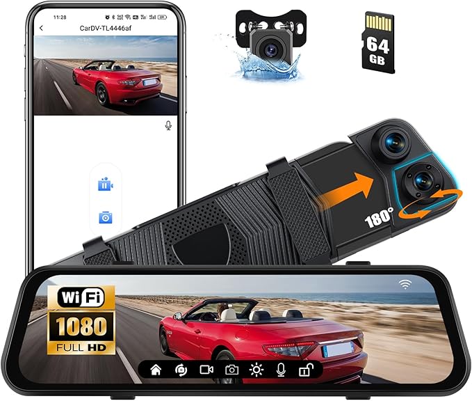 CAMECHO 3 Channel Mirror Dash Cam, 9.66" WiFi Triple Rear View Mirror with Front 1080P, Inside and Rear Cameras with G-Sensor, Night Vision, Loop Recording, Reverse Assist, APP Control, 64GB TF Card