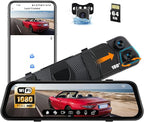 CAMECHO 3 Channel Mirror Dash Cam, 9.66" WiFi Triple Rear View Mirror with Front 1080P, Inside and Rear Cameras with G-Sensor, Night Vision, Loop Recording, Reverse Assist, APP Control, 64GB TF Card