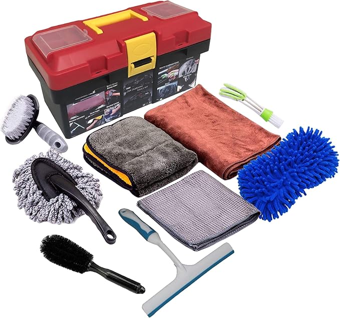 Car Cleaning Tools Kit, Car Wash Tools Kit for Detailing Interiors Premium Microfiber Cleaning Cloth - Car Wash Sponges - Tire Brush - Window Water Blade