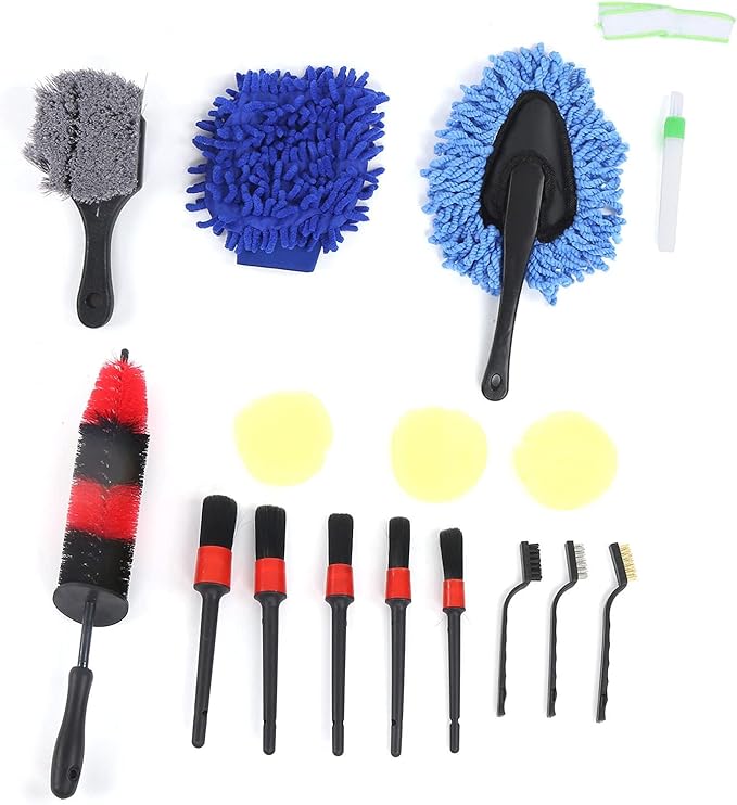 17Pcs Detailing Brush Set, Wheel Scrub Cleaning Tool Kit for Car Truck, Includes Long Wheel Rim Brush, 5 Detail Brushes, Steel Wire Brushes, Car Wash Glove, Vent Brush, Perfect for