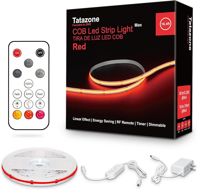 Tatazone 16.4ft Red COB Led Strip Lights with RF Remote, Dimmable Bright Dotless Adhesive Indoor Led COB Light Strip for Cabinet, Painting, Room, Bed