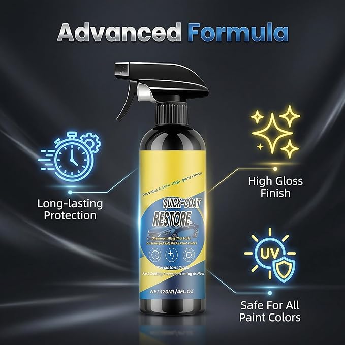Quick Coat Ceramic Spray Coating for Cars, High Gloss Car Paint Restorer, Hydrophobic Shine Protection, Easy Spray & Wipe Car Polish, Safe for All Paint Colors, 120ml(3PCS)