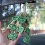 ROFIGL Handmade Crochet Hanging Car Air Freshener- Lifelike Green Pothos for Hanging with 12ml Thick Refillable Glass Diffuser Bottle, Suitable Decor for Car Rearview Mirror, Home & Wellness Spaces