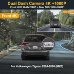 Fitcamx Front 4K+Rear 1080P Dash Cam Adapts for Volkswagen Tiguan 2024-2026 MK3 (Grey Cover), OEM Factory Look, 2 Way HD Video, WiFi & APP, Loop Recording, Parking Sensor, Easy to Set, 128GB Card