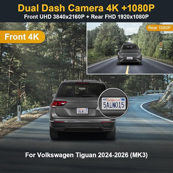 Fitcamx Front 4K+Rear 1080P Dash Cam Adapts for Volkswagen Tiguan 2024-2026 MK3 (Black Cover), Integrated OEM Look, 2 Way HD Video, WiFi & APP, Loop Recording, Parking Sensor, Easy to Use, 128GB Card