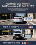 Dash Cam Front and Rear, 4K HDR Dash Camera for Cars, 3" IPS Screen Dash Cam Built-in GPS with 5.8G WiFi UHD Night Vision Free 64G Card, Parking Monitor, G-Sensor