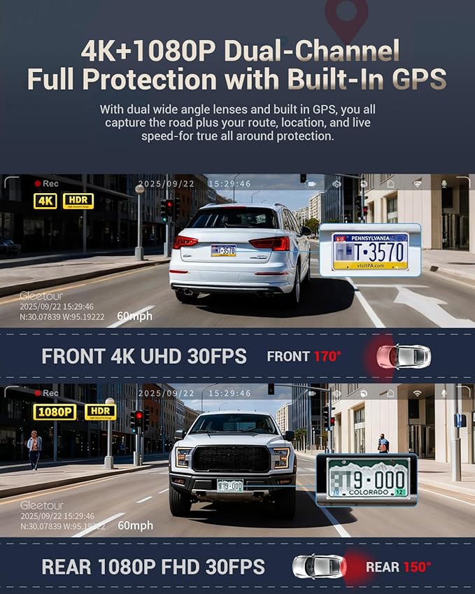 Dash Cam Front and Rear, 4K HDR Dash Camera for Cars, 3" IPS Screen Dash Cam Built-in GPS with 5.8G WiFi UHD Night Vision Free 64G Card, Parking Monitor, G-Sensor