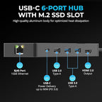 SABRENT USB-C Hub & SSD Enclosure, 6-Port Dock with M.2 SSD Slot, 90W Power Delivery, USB 3.0 & 2.0 Ports, 4K HDMI, RJ45 Gigabit Ethernet (HB-6PNV)