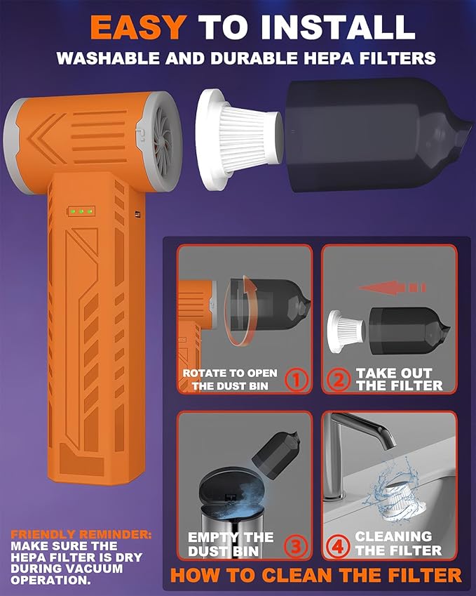 Tool-grade Electric Air Duster, Rechargeable Handheld Blower with 180,000 Super Power Brushless Motor, 2-in-1 Blow & Vacuum Cleaner, Cordless Leaf Blower for Car Drying, Home, Patio Cleaning (Orange)
