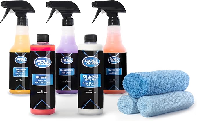 Poli Glow® 16 oz Vehicle Detailing Kit – All-in-One Cleaner & Protectant Set for Cars, Boats & RVs – Includes Interior, Exterior, Leather & Ceramic Detailers + Microfiber Towels – 7-Piece Kit
